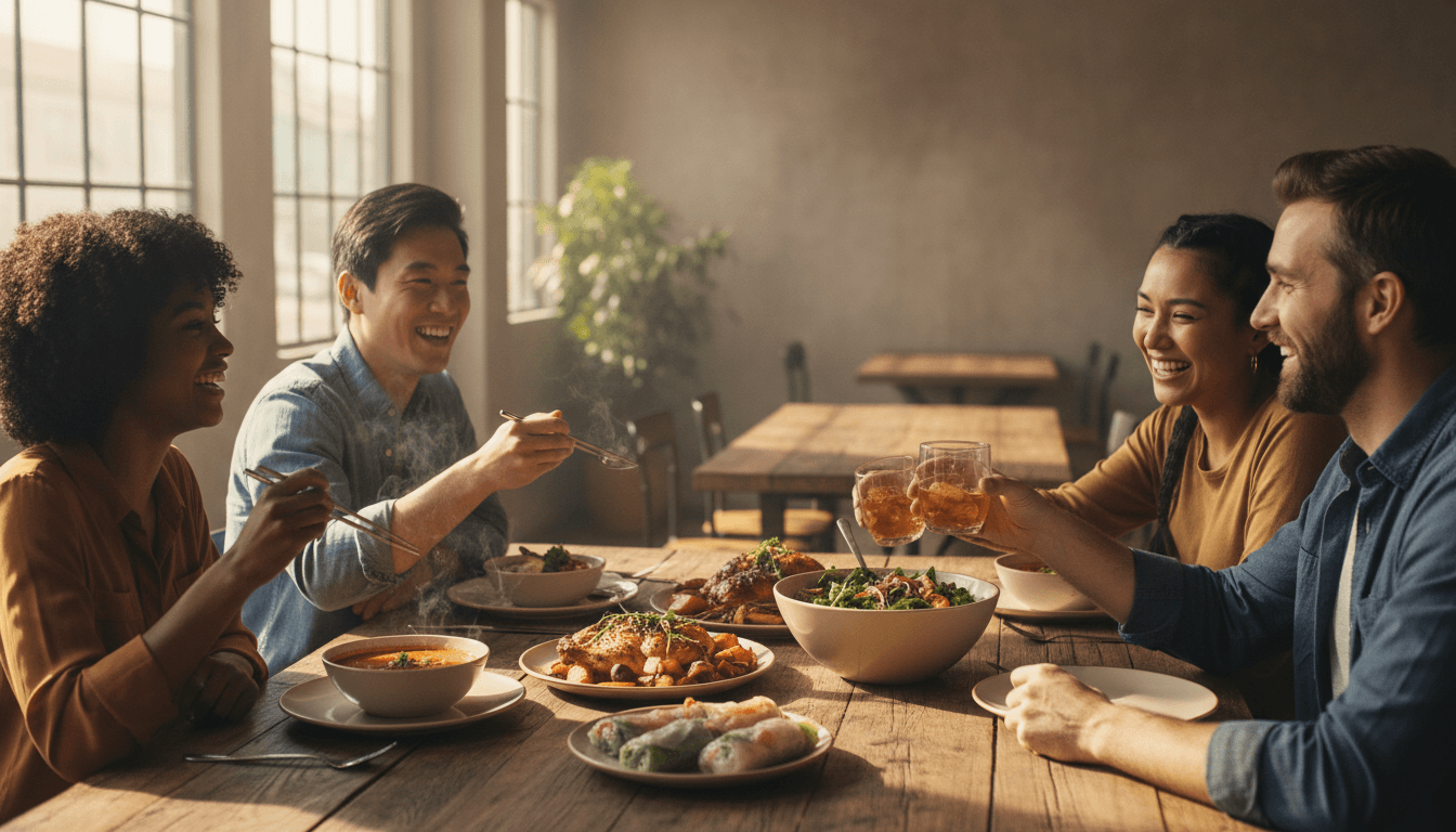 Group of friends enjoying all-you-can-eat meal at Mongolian BBQ