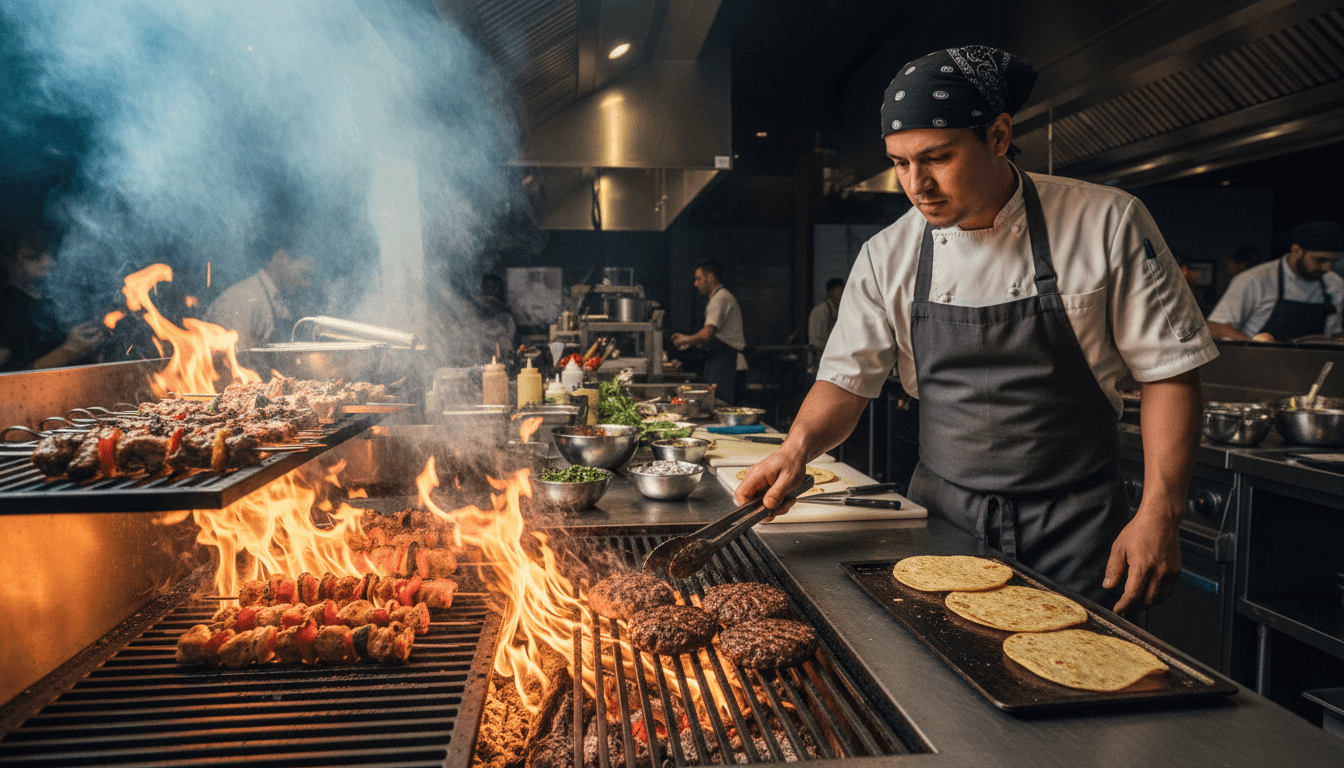 The large round grill filled with cooking meats and vegetables
