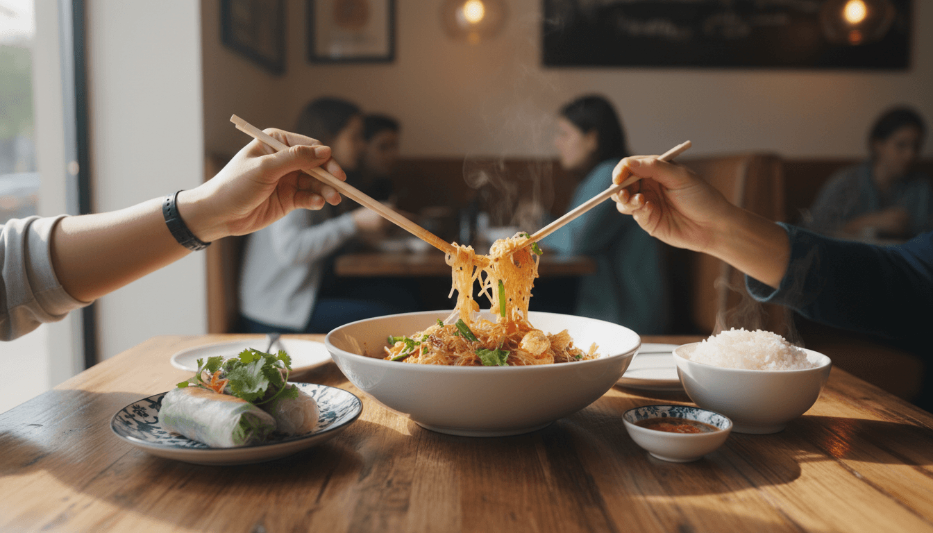 Group of friends laughing together at a table with bowls of stir-fry