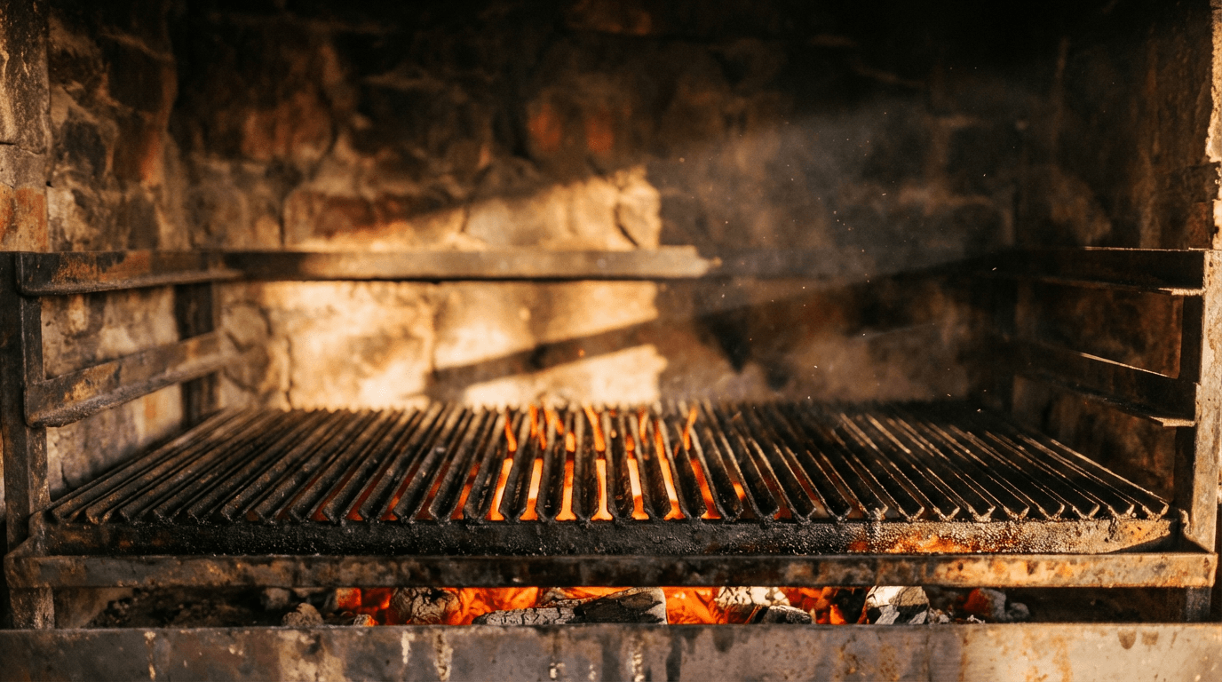 Large round grill with bowls of fresh ingredients in a casual Mongolian BBQ restaurant