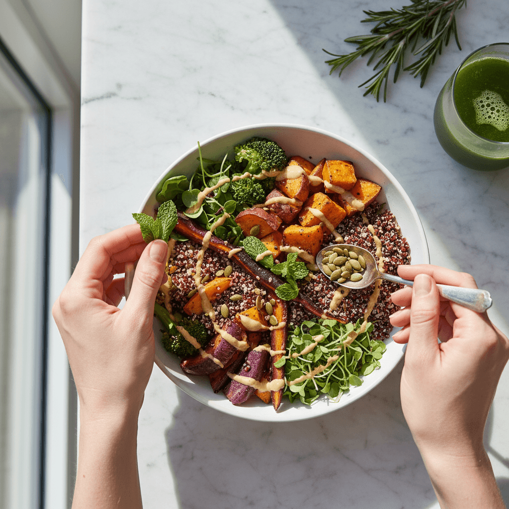 A finished stir-fry bowl with seared meat and glossy vegetables